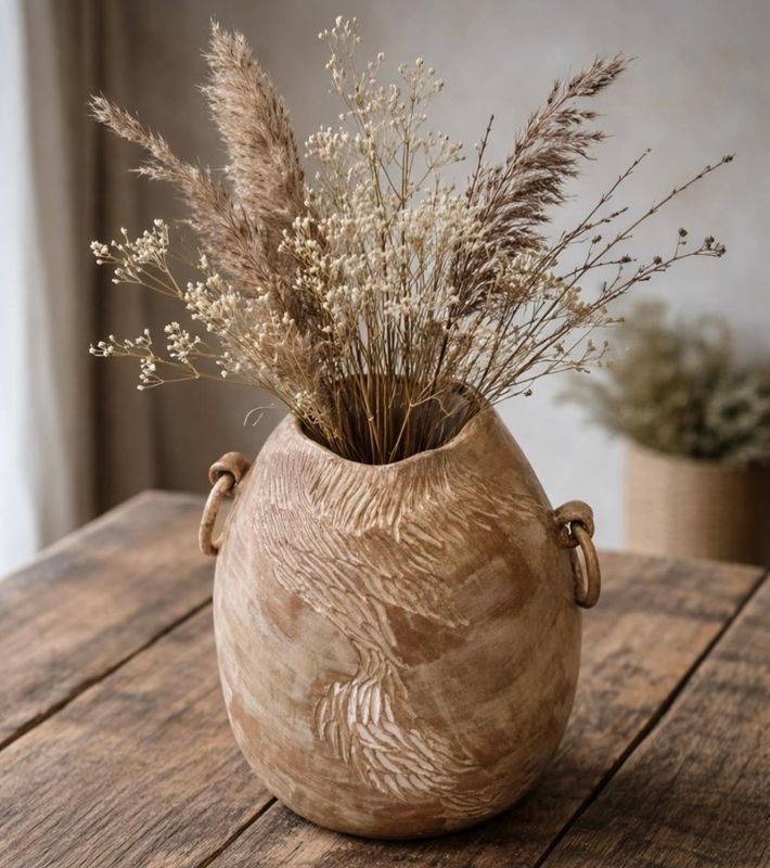 Artisan Halka Detaylı Taş Vazo - El Yapımı Seramik